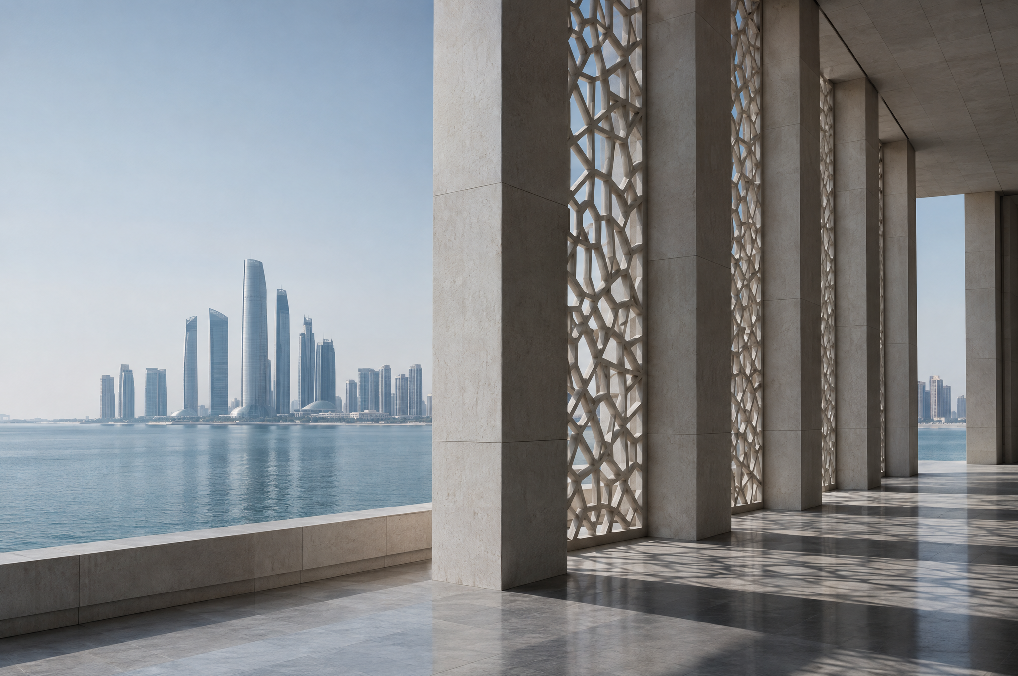 Limestone colonnade and geometric screens beside a Gulf waterfront